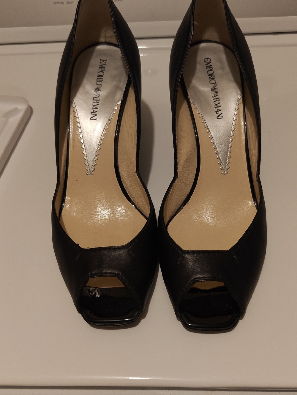 Emporio Armani Black Peep Toe Leather Pumps